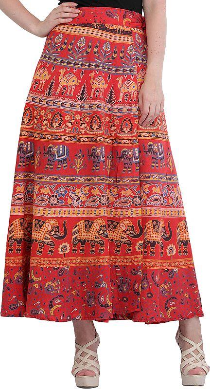 exotic india Wrap-On Long Skirt with Printed Elephants and Camels