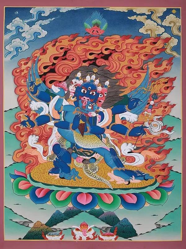 exotic india Wrathful Deity Yamantaka | Brocadeless Thangka Painting 