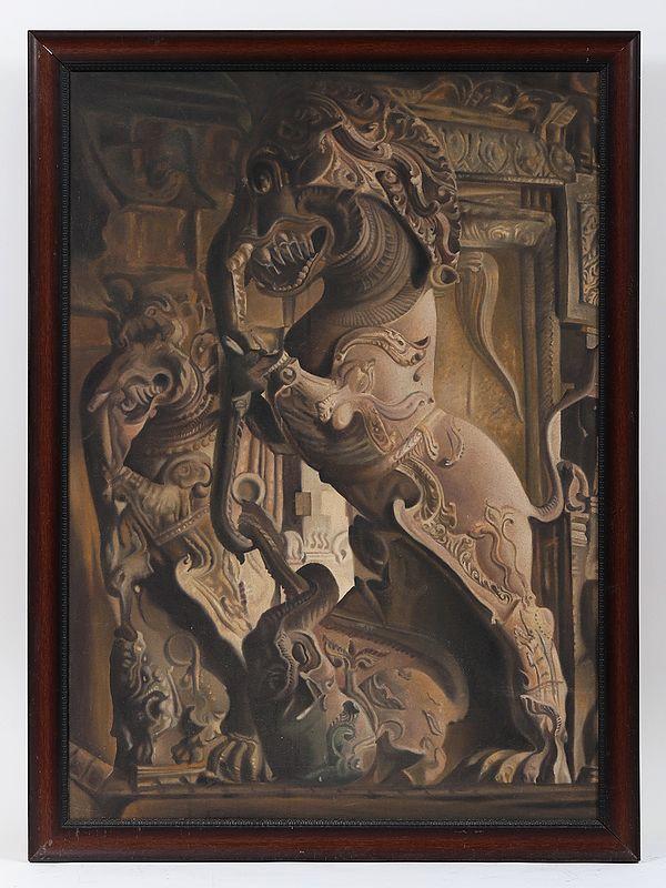 exotic india Yali Sculpture Painting | Oil of Canvas | With Frame 