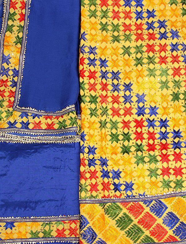 exotic india Yellow and Blue Phulkari Hand-Embroidered Salwar Kameez Fabric from Punjab with Sequins and Gota Lace 
