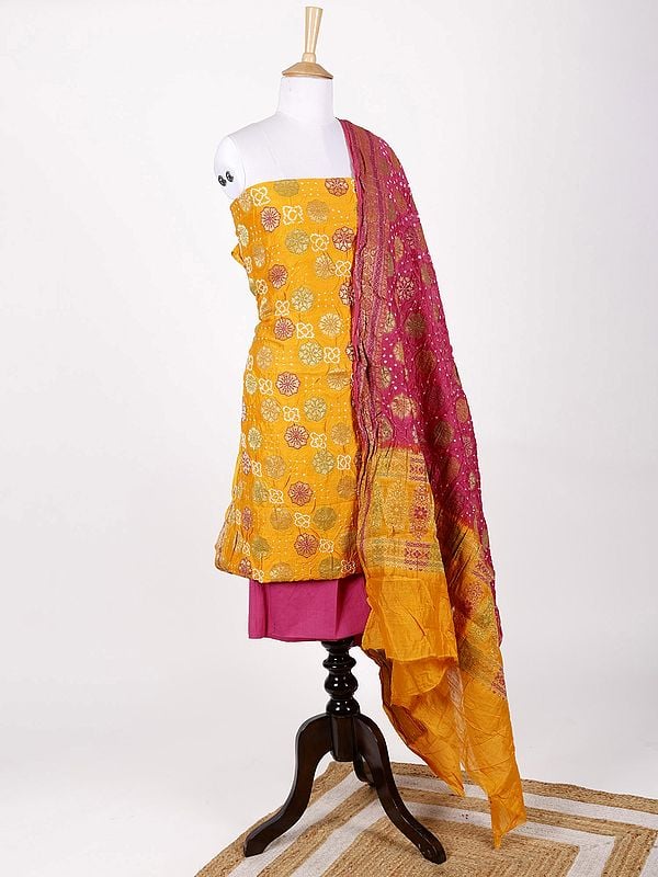 Exotic India Yellow And Pink Bandhani Tie-Dye Salwar Kameez Fabric And Dupatta With Zari Brocaded Flowers 