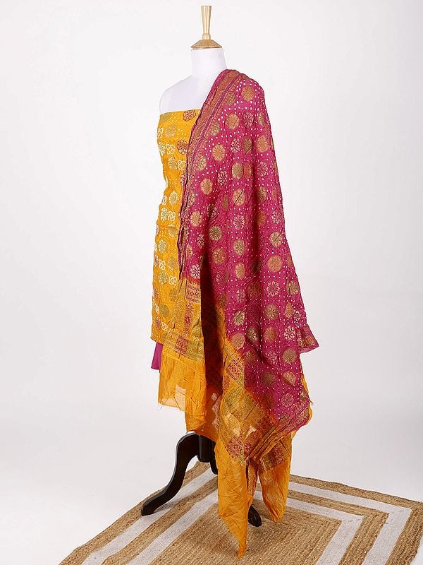 Exotic India Yellow And Pink Bandhani Tie-Dye Salwar Kameez Fabric And Dupatta With Zari Brocaded Flowers 