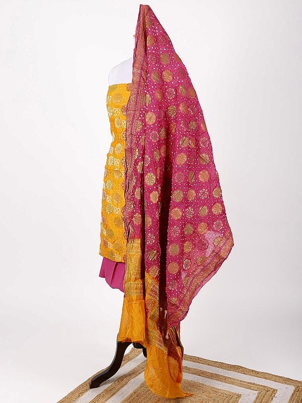 Exotic India Yellow And Pink Bandhani Tie-Dye Salwar Kameez Fabric And Dupatta With Zari Brocaded Flowers 