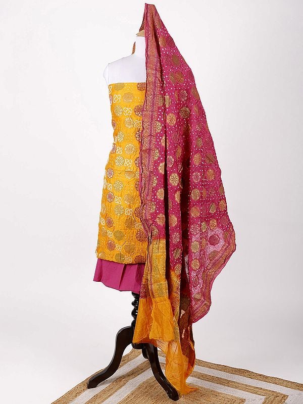 exotic india Yellow and Pink Bandhani Tie-Dye Salwar Kameez Fabric and Dupatta with Zari Brocaded Flowers 