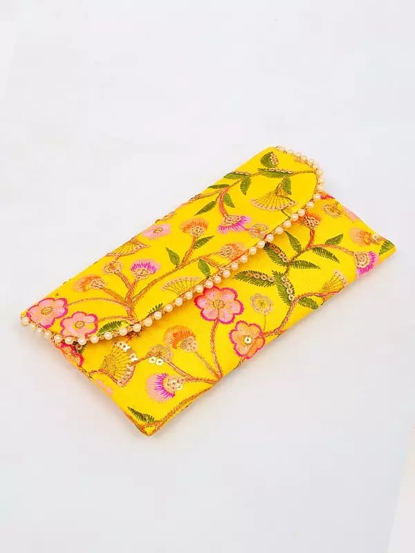 Exotic India Yellow-Balloon Floral Thread Embroidered Clutch Hand Bag With Sequins Work 
