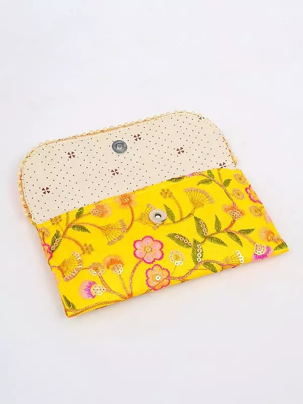 Exotic India Yellow-Balloon Floral Thread Embroidered Clutch Hand Bag With Sequins Work 
