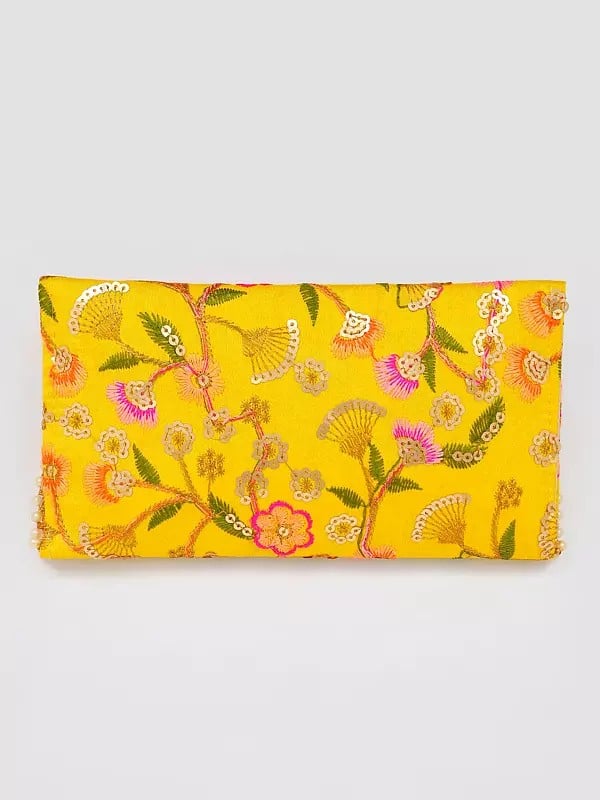 Exotic India Yellow-Balloon Floral Thread Embroidered Clutch Hand Bag With Sequins Work 