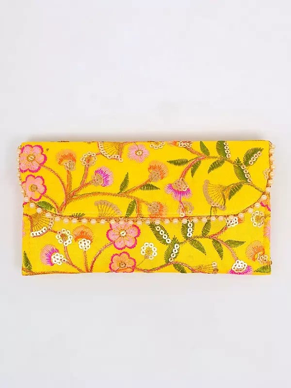 exotic india Yellow-Balloon Floral Thread Embroidered Clutch Hand Bag with Sequins work 