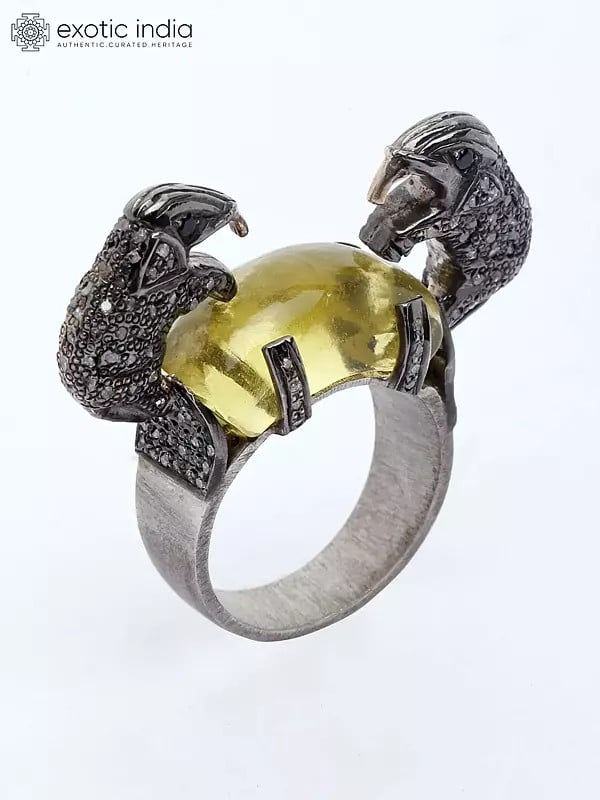 Exotic India Yellow Chalcedony Ring With Diamond Two Elephants 