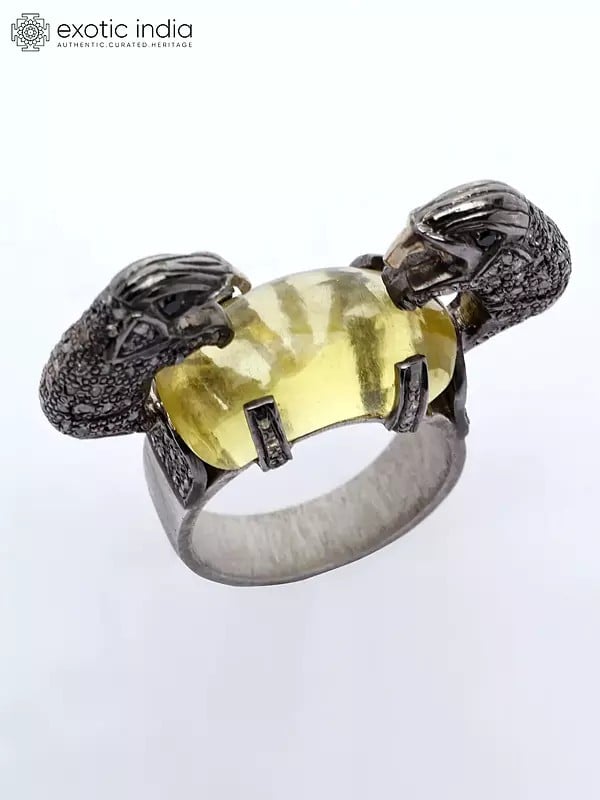 Exotic India Yellow Chalcedony Ring With Diamond Two Elephants 