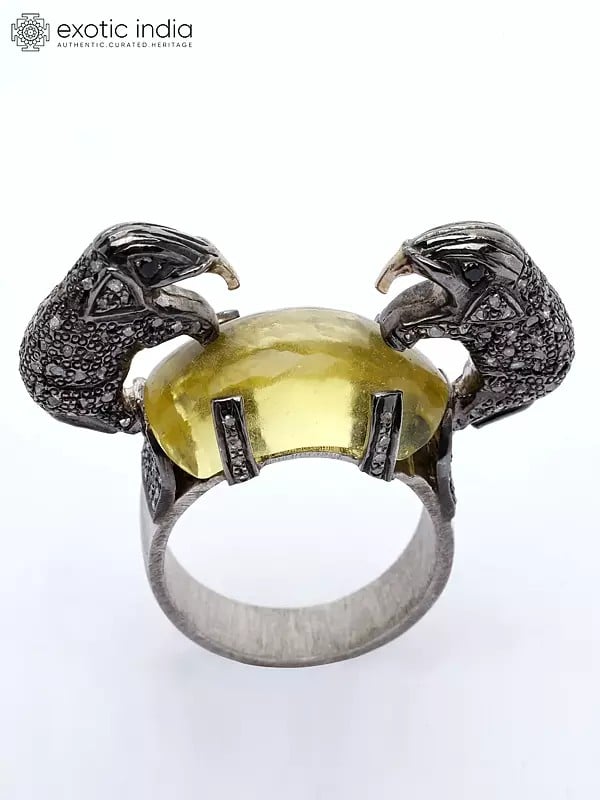 Exotic India Yellow Chalcedony Ring With Diamond Two Elephants 