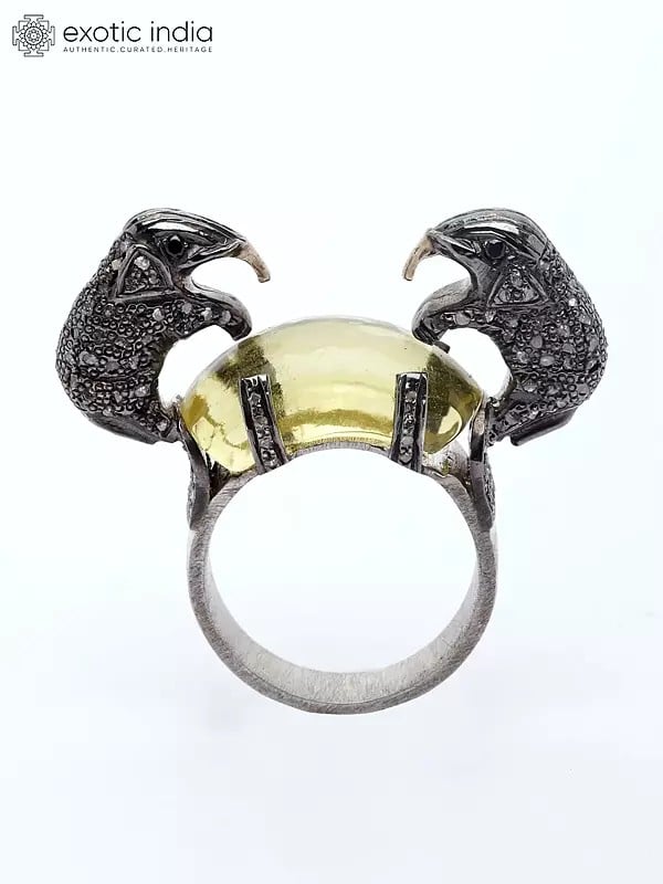 exotic india Yellow Chalcedony Ring with Diamond Two Elephants