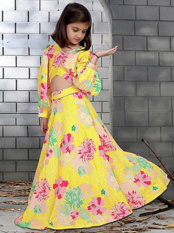 Exotic India Yellow Color Heavy Chinon Silk Floral Printed Kids Lehenga Choli 