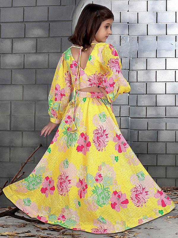 Exotic India Yellow Color Heavy Chinon Silk Floral Printed Kids Lehenga Choli 