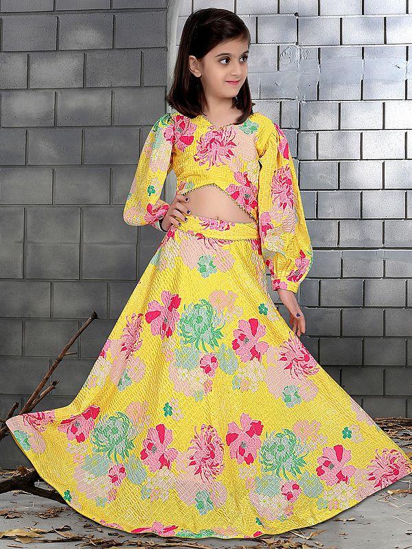exotic india Yellow Color Heavy Chinon Silk Floral Printed Kids Lehenga Choli 