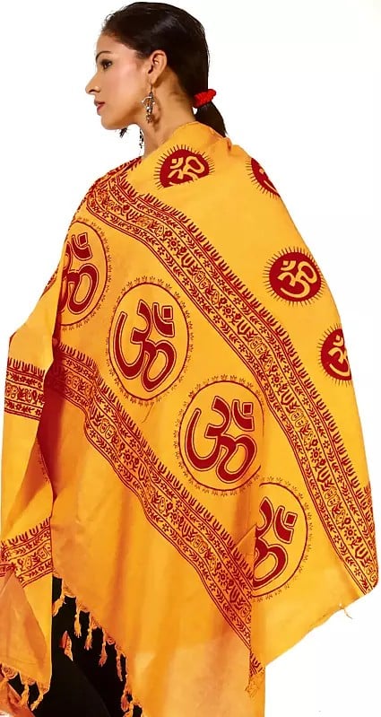 Exotic India Yellow Hindu Dharma Prayer Shawl With Large Printed Om