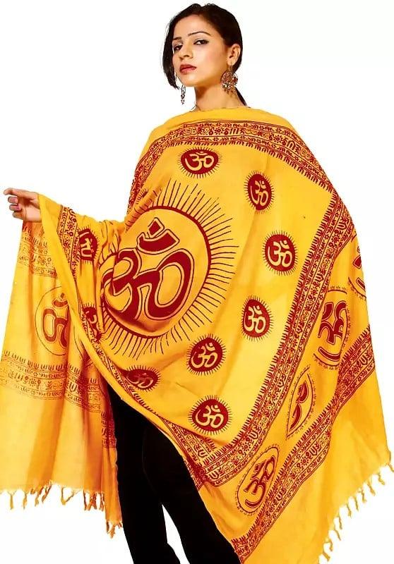 exotic india Yellow Hindu Dharma Prayer Shawl with Large Printed Om