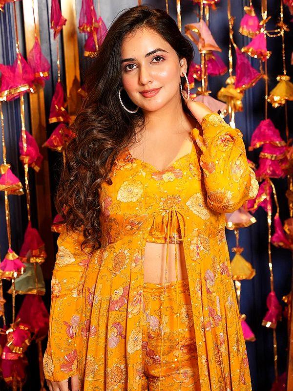Exotic India Yellow-Orange Heavy Airtex Chinon Digital Print Full Round Flair 3 Piece Koti Style Indo-Western Suit 