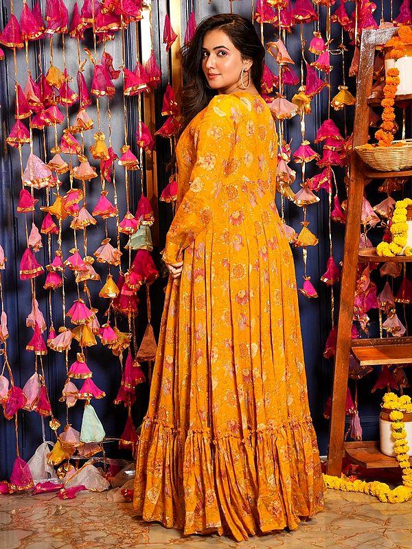 Exotic India Yellow-Orange Heavy Airtex Chinon Digital Print Full Round Flair 3 Piece Koti Style Indo-Western Suit 