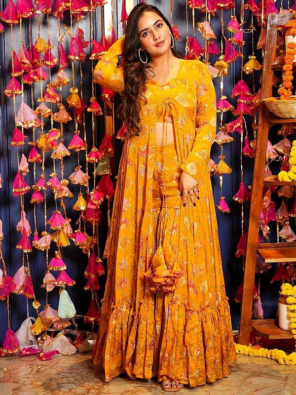 exotic india Yellow-Orange Heavy Airtex Chinon Digital Print Full Round Flair 3 Piece Koti Style Indo-Western Suit