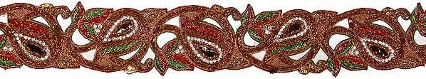 exotic india Zardozi Cutwork Border from Kolkata with Leaves Embroidered by Hand 