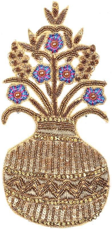 exotic india Zari-Embroidered Flower Pot Patch with Sequins and Beads 