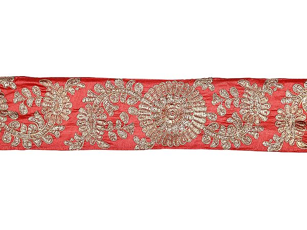 Exotic India Zari-Embroidered Flower Vine Art Silk Border 