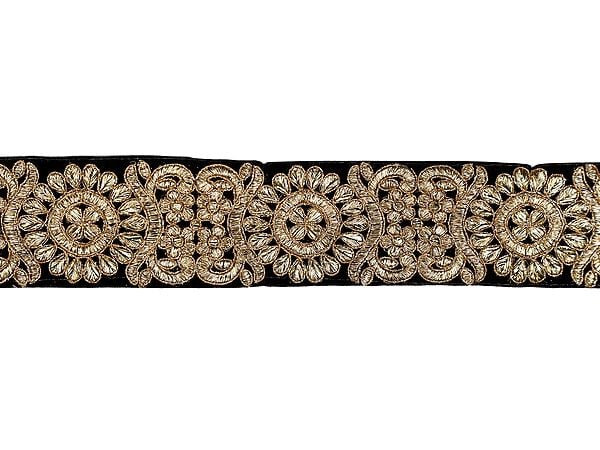 Exotic India Zari-Embroidered Flower Vine Velvet Border