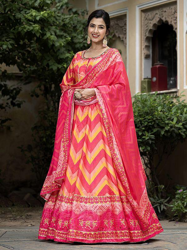 Exotic India Zig-Zag Pattern Digital Print Flared Elegant Wedding Wear Soft Dola Silk Anarkali Gown With Dupatta