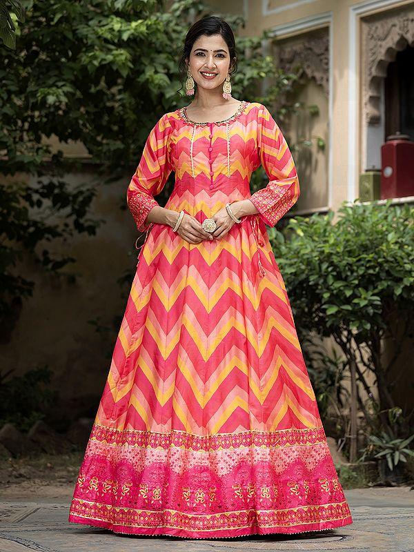 Exotic India Zig-Zag Pattern Digital Print Flared Elegant Wedding Wear Soft Dola Silk Anarkali Gown With Dupatta