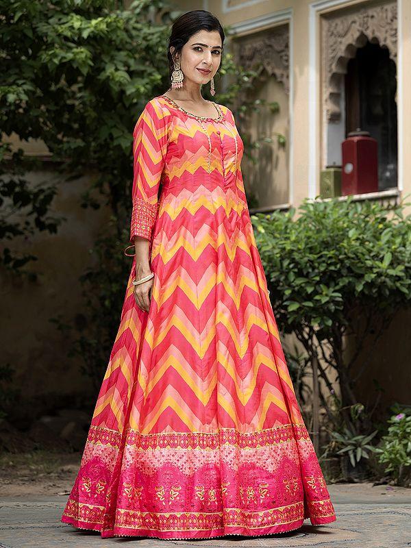 Exotic India Zig-Zag Pattern Digital Print Flared Elegant Wedding Wear Soft Dola Silk Anarkali Gown With Dupatta