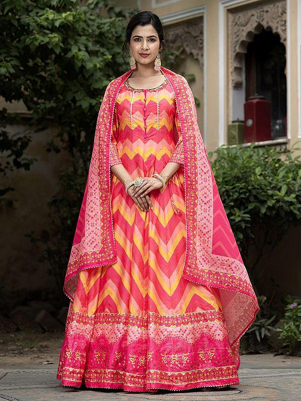 exotic india Zig-Zag Pattern Digital Print Flared Elegant Wedding Wear Soft Dola Silk Anarkali Gown With Dupatta