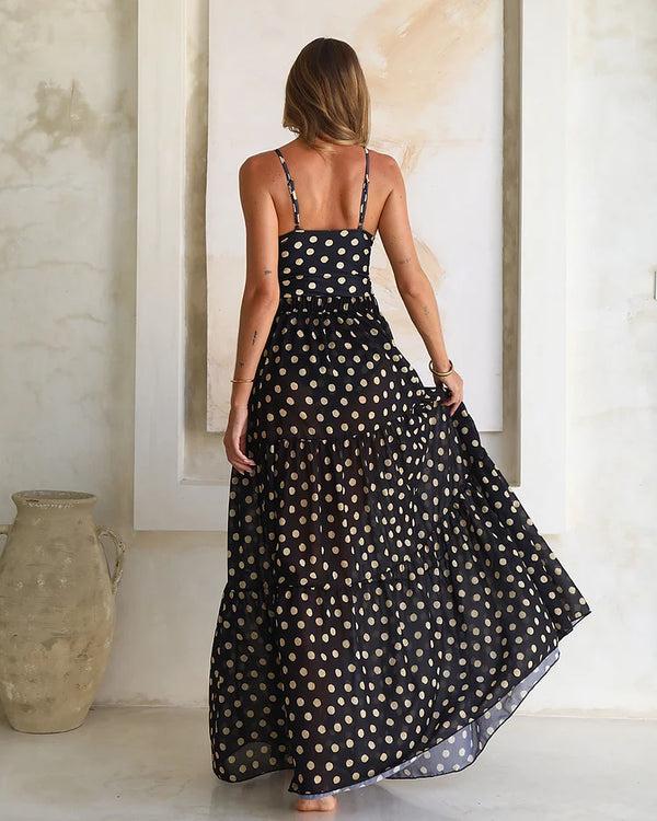 Extro & Vert Black And Gold Polka Dots V-neck One Piece Swimsuit And Skirt