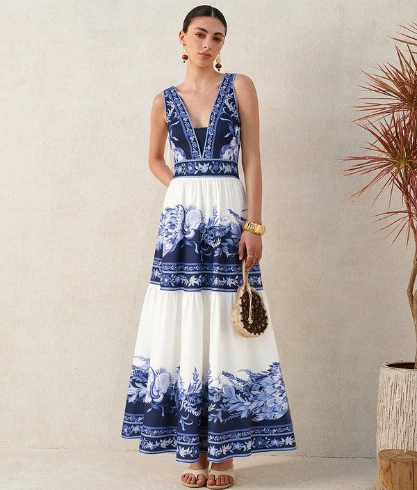 Extro & Vert Blue And White Porcelain Print V Neck One Piece Swimsuit And Skirt
