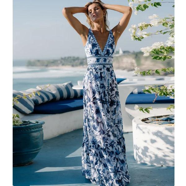 Extro & Vert Blue Florals Printed V Neck Lace Up Swimsuit & Long Skirt