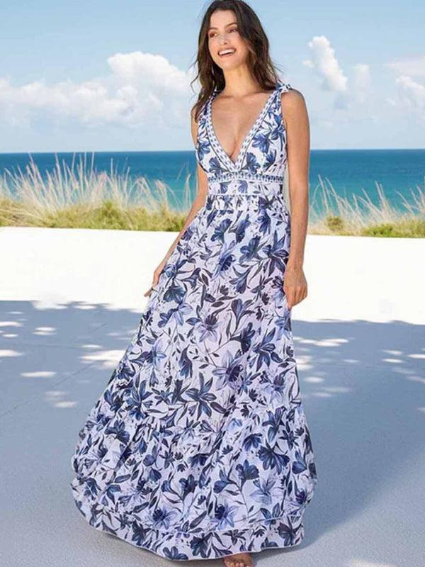 Extro & Vert Blue Florals Printed V Neck Lace Up Swimsuit & Long Skirt