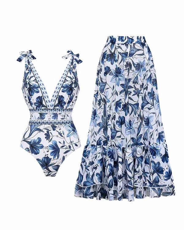 extro & vert Blue Florals Printed V Neck Lace Up Swimsuit & Long Skirt