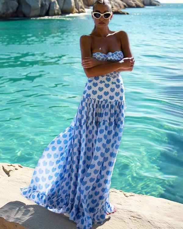 extro & vert Blue Heart Print Bow One-Piece Swimsuit&Long Skirt