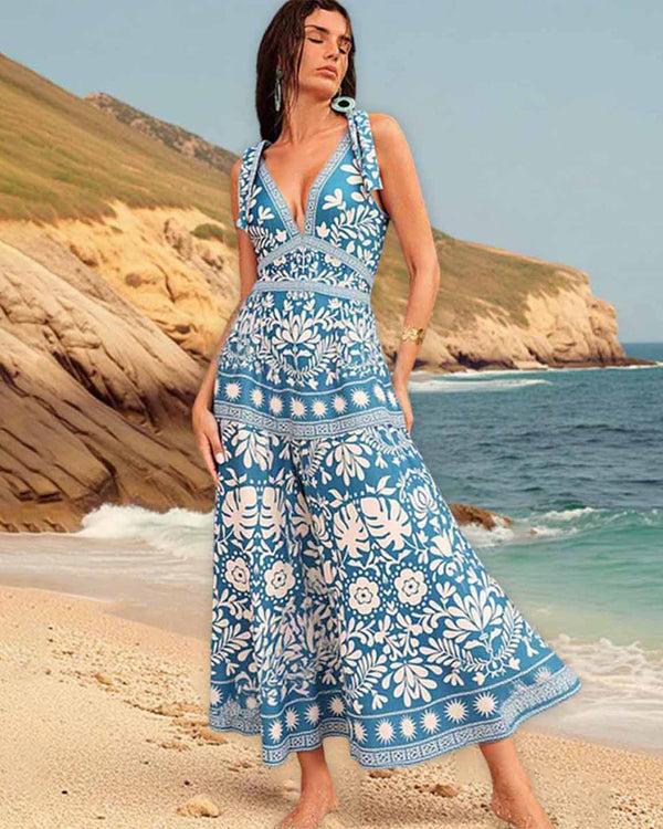 extro & vert Blue V-Neck Lace-Up One-Piece Swimsuit&Long Skirt