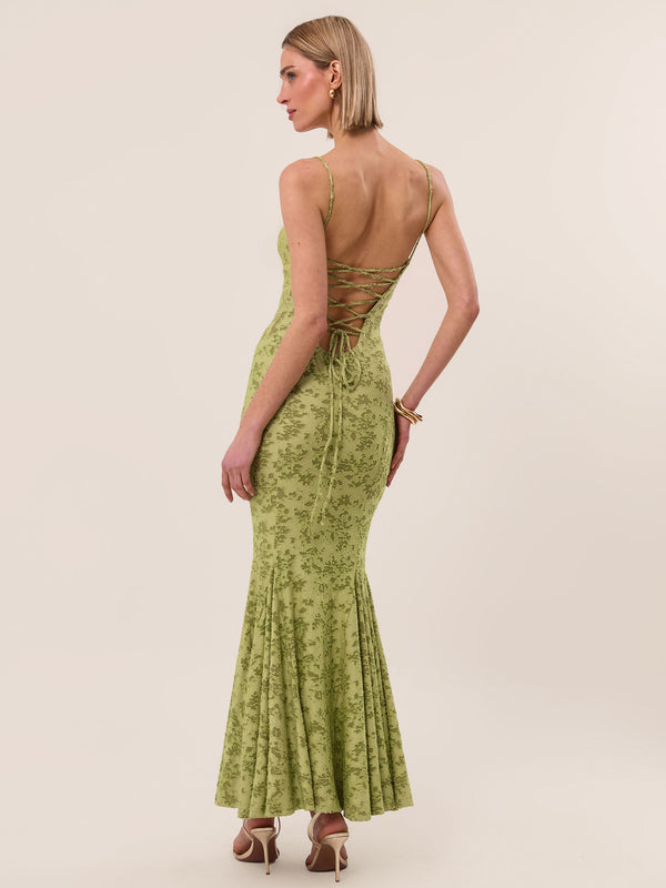 Extro & Vert BURNOUT JACQUARD FISHTAIL Green MAXI DRESS