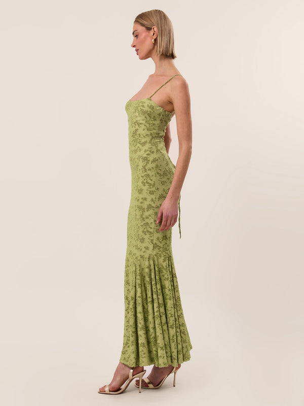 Extro & Vert BURNOUT JACQUARD FISHTAIL Green MAXI DRESS