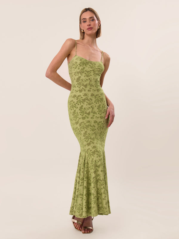 Extro & Vert BURNOUT JACQUARD FISHTAIL Green MAXI DRESS
