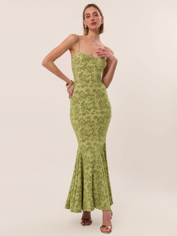 extro & vert BURNOUT JACQUARD FISHTAIL Green MAXI DRESS
