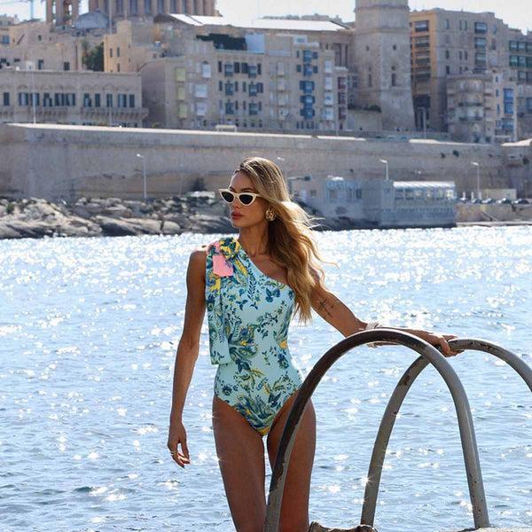 Extro & Vert Color-Blocked Blue And White Cloud Print One-Piece Swimsuit&Long Skirt