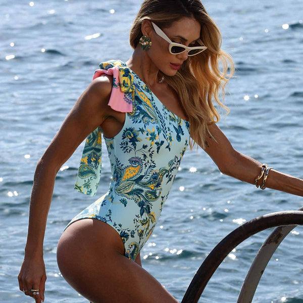 Extro & Vert Color-Blocked Blue And White Cloud Print One-Piece Swimsuit&Long Skirt