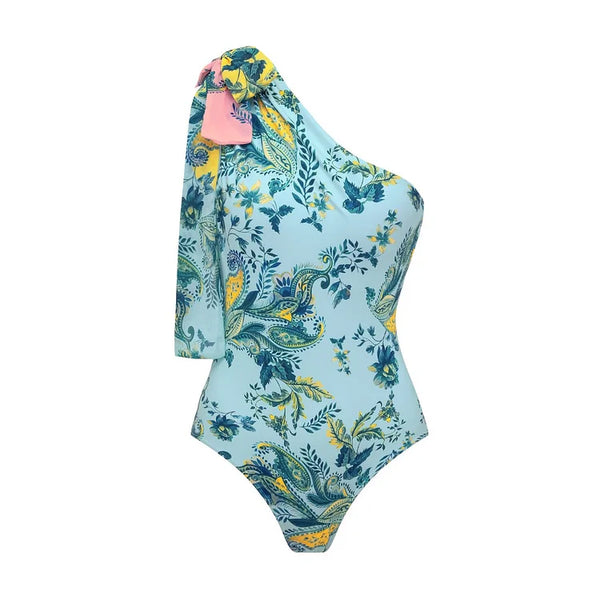 Extro & Vert Color-Blocked Blue And White Cloud Print One-Piece Swimsuit&Long Skirt