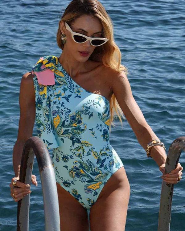 extro & vert Color-Blocked Blue And White Cloud Print One-Piece Swimsuit&Long Skirt