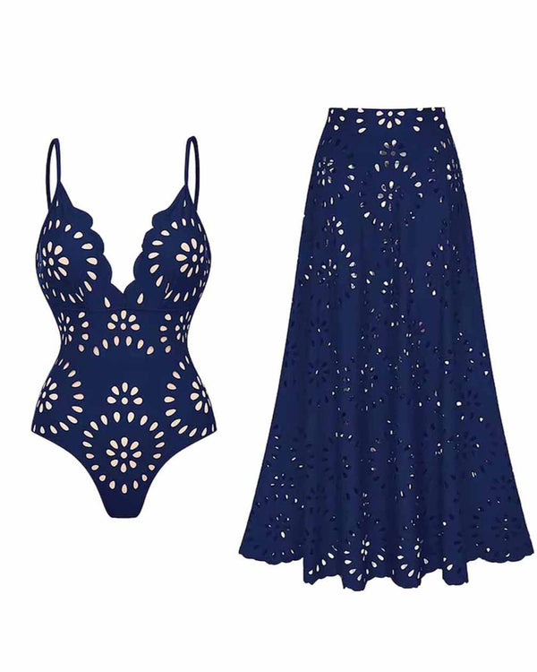 extro & vert Dark Blue Cut-Out Floral Print One-Piece Swimsuit&Long Skirt
