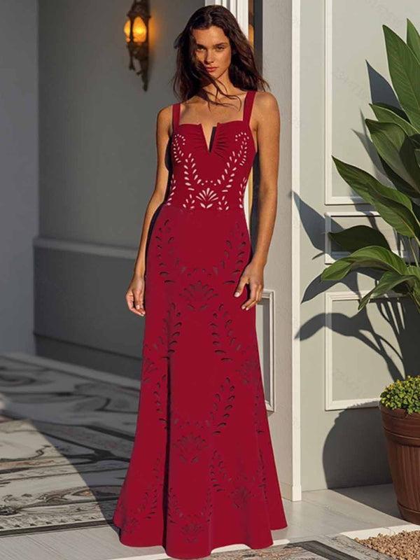 Extro & Vert Dark Red V-Neck Cutout One Piece Swimsuit&Long Skirt
