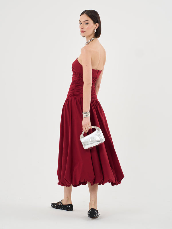 Extro & Vert Bandeau Puffball Hem Red Midi Dress